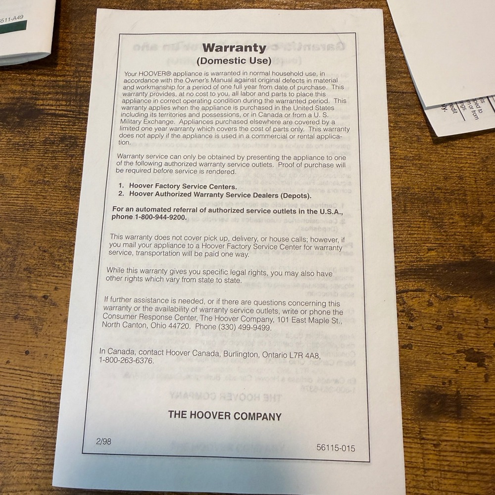 Hoover Self-Propelled WindTunnel Manual Warranty Registration U6425 U6445 1998 - Picture 6 of 7